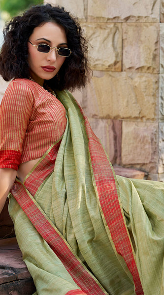 Arresting Pista Cotton Silk Saree With Prominent Blouse Piece