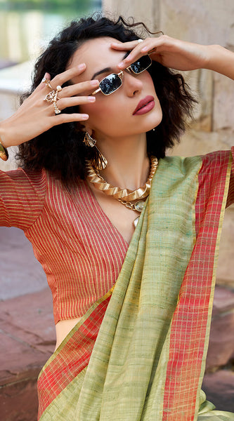 Arresting Pista Cotton Silk Saree With Prominent Blouse Piece