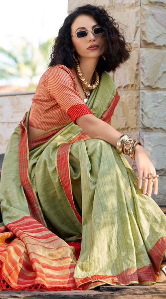 Arresting Pista Cotton Silk Saree With Prominent Blouse Piece