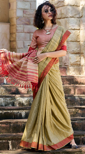 Conflate Green Cotton Silk Saree With Desuetude Blouse Piece