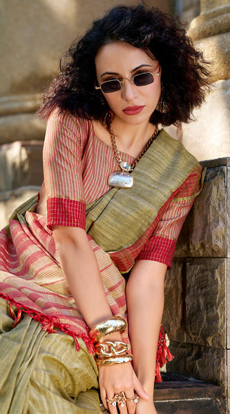 Conflate Green Cotton Silk Saree With Desuetude Blouse Piece