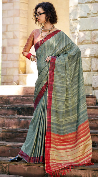 Lagniappe Dark Green Cotton Silk Saree With Vestigial Blouse Piece