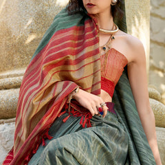Lagniappe Dark Green Cotton Silk Saree With Vestigial Blouse Piece