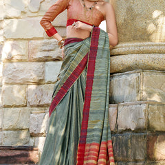 Lagniappe Dark Green Cotton Silk Saree With Vestigial Blouse Piece