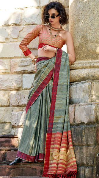 Lagniappe Dark Green Cotton Silk Saree With Vestigial Blouse Piece