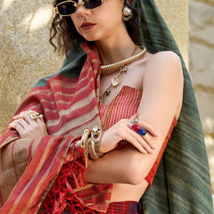 Lagniappe Dark Green Cotton Silk Saree With Vestigial Blouse Piece