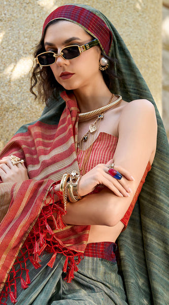 Lagniappe Dark Green Cotton Silk Saree With Vestigial Blouse Piece