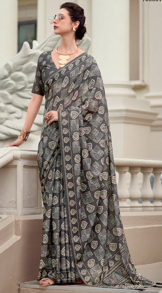 Innovative Grey Printed Mul Cotton Saree With Dazzling Blouse Piece