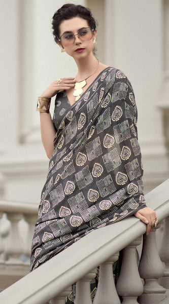 Innovative Grey Printed Mul Cotton Saree With Dazzling Blouse Piece