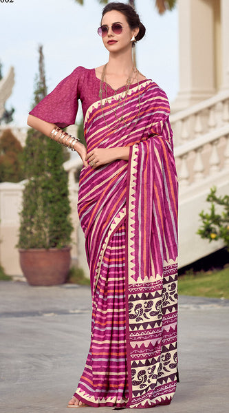 Sonorous Dark Pink Printed Mul Cotton Saree With Verdant Blouse Piece