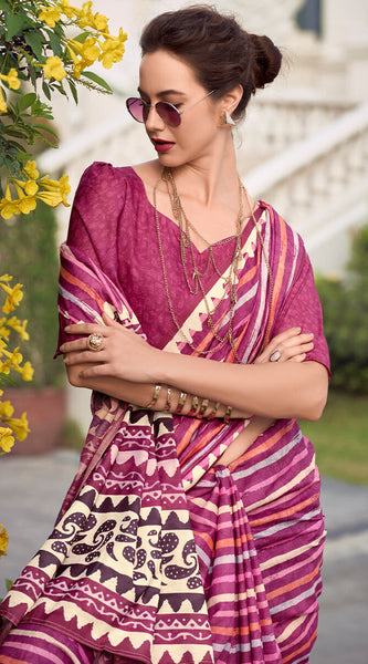 Sonorous Dark Pink Printed Mul Cotton Saree With Verdant Blouse Piece