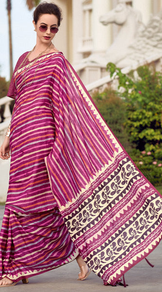Sonorous Dark Pink Printed Mul Cotton Saree With Verdant Blouse Piece