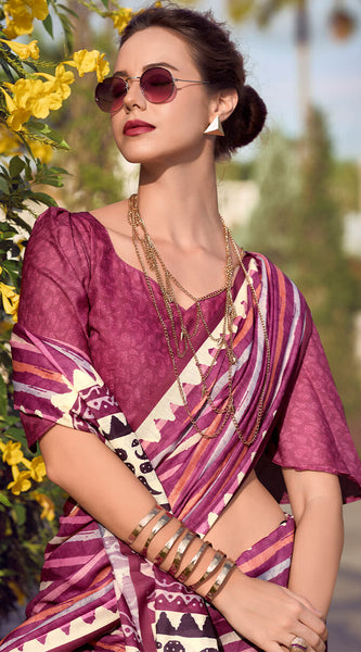 Sonorous Dark Pink Printed Mul Cotton Saree With Verdant Blouse Piece