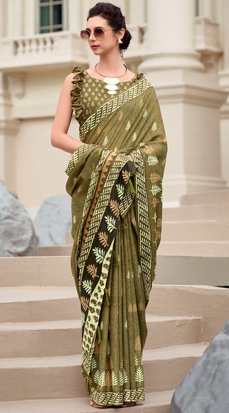 Evanescent Mehndi Printed Mul Cotton Saree With Serendipity Blouse Piece