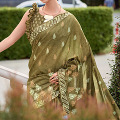 Evanescent Mehndi Printed Mul Cotton Saree With Serendipity Blouse Piece