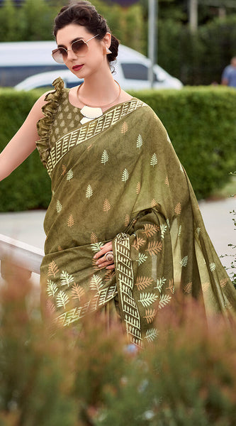Evanescent Mehndi Printed Mul Cotton Saree With Serendipity Blouse Piece