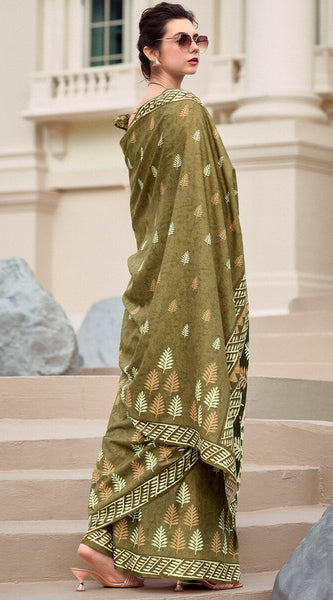Evanescent Mehndi Printed Mul Cotton Saree With Serendipity Blouse Piece