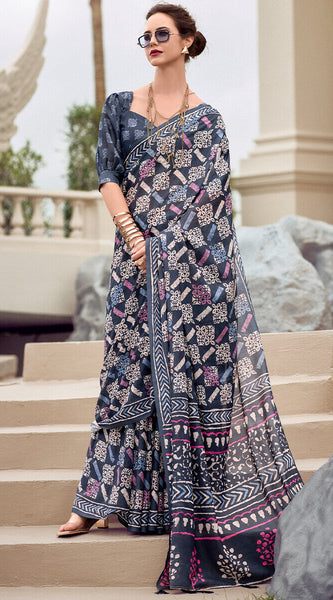 Flameboyant Blue Printed Mul Cotton Saree With Exquisite Blouse Piece