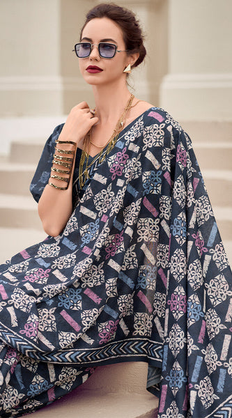 Flameboyant Blue Printed Mul Cotton Saree With Exquisite Blouse Piece