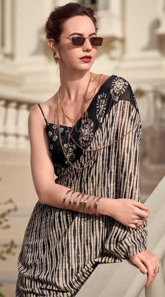 Jazzy Beige and Black Printed Mul Cotton Saree With Adorable Blouse Piece