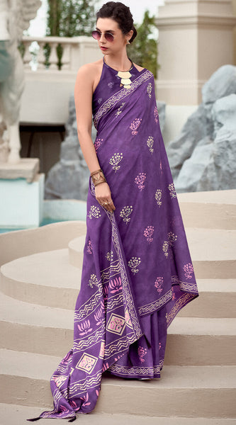 Tremendous Purple Printed Mul Cotton Saree With Alluring Blouse Piece