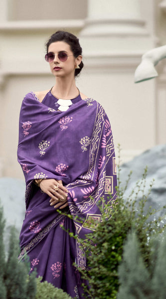 Tremendous Purple Printed Mul Cotton Saree With Alluring Blouse Piece
