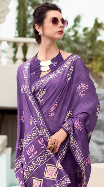 Tremendous Purple Printed Mul Cotton Saree With Alluring Blouse Piece