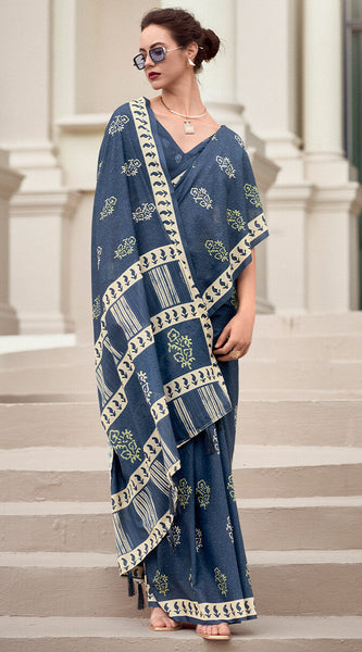 Smashing Navy Blue Printed Mul Cotton Saree With Enchanting Blouse Piece