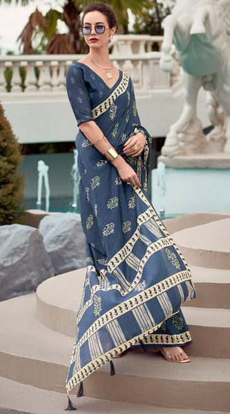 Smashing Navy Blue Printed Mul Cotton Saree With Enchanting Blouse Piece
