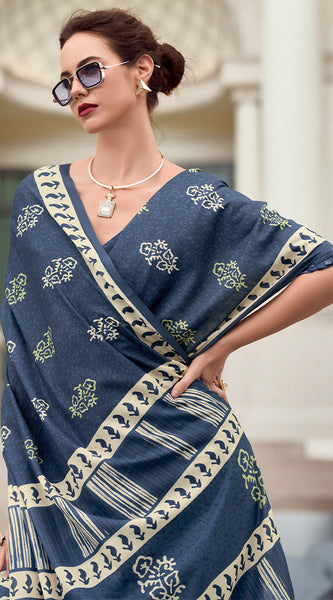 Smashing Navy Blue Printed Mul Cotton Saree With Enchanting Blouse Piece