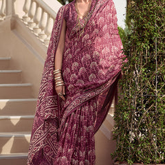 Quixotic Wine Printed Mul Cotton Saree With Embellished Blouse Piece