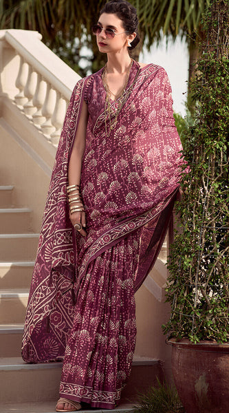 Quixotic Wine Printed Mul Cotton Saree With Embellished Blouse Piece