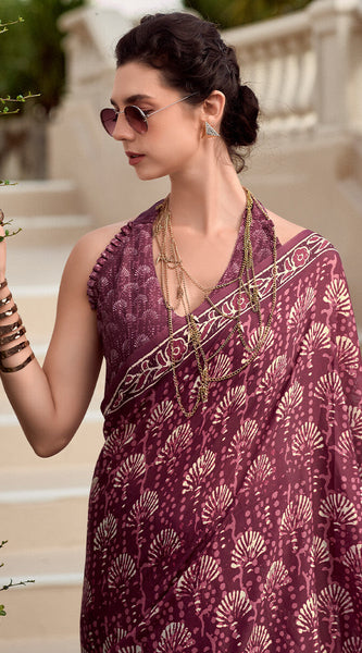 Quixotic Wine Printed Mul Cotton Saree With Embellished Blouse Piece