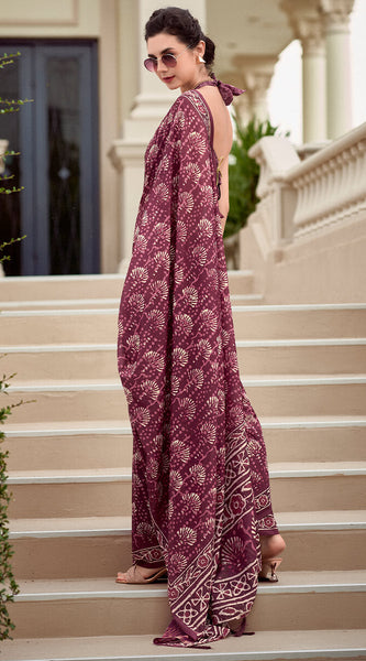 Quixotic Wine Printed Mul Cotton Saree With Embellished Blouse Piece