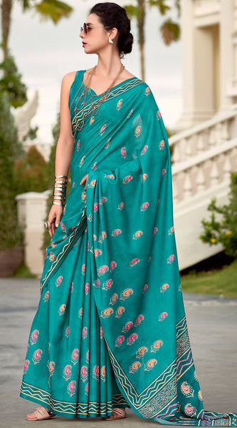 Conflate Firozi Printed Mul Cotton Saree With Diaphanous Blouse Piece