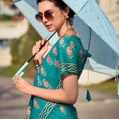 Conflate Firozi Printed Mul Cotton Saree With Diaphanous Blouse Piece