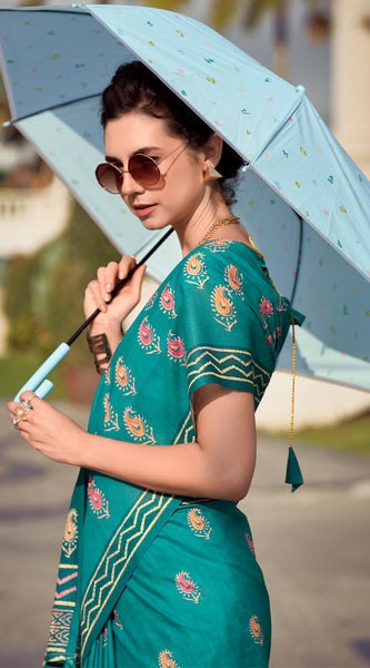 Conflate Firozi Printed Mul Cotton Saree With Diaphanous Blouse Piece