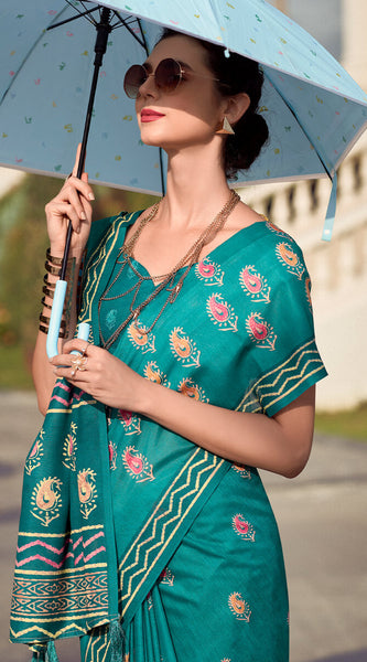 Conflate Firozi Printed Mul Cotton Saree With Diaphanous Blouse Piece