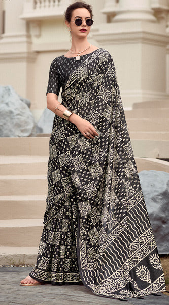 Cynosure Black Printed Mul Cotton Saree With Beleaguer Blouse Piece