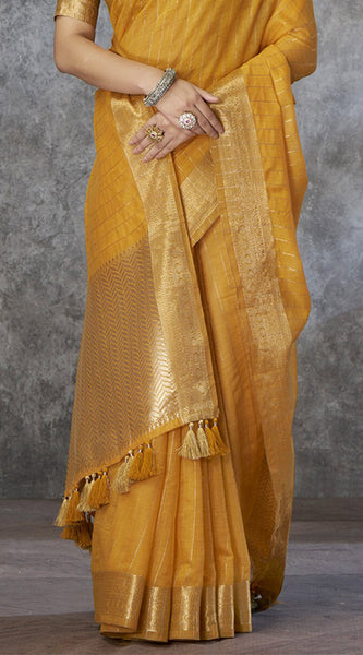 Profuse Mustard Cotton Silk Saree With Panache Blouse Piece