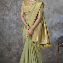 Zephyr Pista Cotton Silk Saree With Ornate Blouse Piece