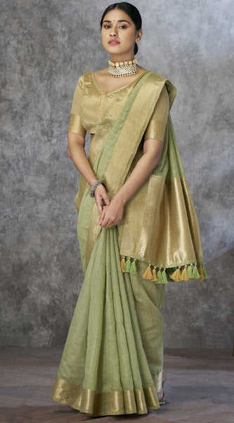 Zephyr Pista Cotton Silk Saree With Ornate Blouse Piece