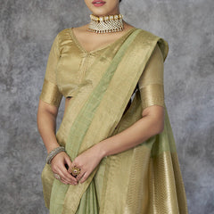 Zephyr Pista Cotton Silk Saree With Ornate Blouse Piece