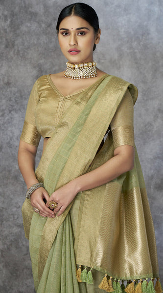 Zephyr Pista Cotton Silk Saree With Ornate Blouse Piece