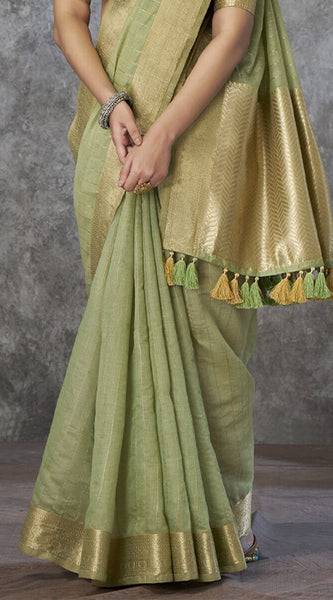 Zephyr Pista Cotton Silk Saree With Ornate Blouse Piece