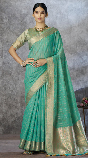 Snappy Sea Green Cotton Silk Saree With Phenomenal Blouse Piece
