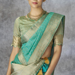 Snappy Sea Green Cotton Silk Saree With Phenomenal Blouse Piece