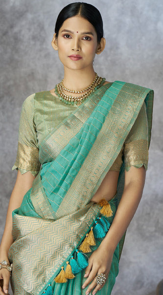 Snappy Sea Green Cotton Silk Saree With Phenomenal Blouse Piece