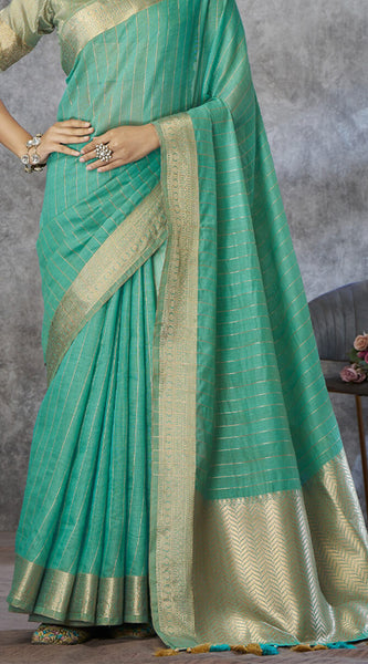 Snappy Sea Green Cotton Silk Saree With Phenomenal Blouse Piece