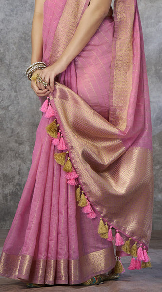 Engaging Pink Cotton Silk Saree With Petrichor Blouse Piece